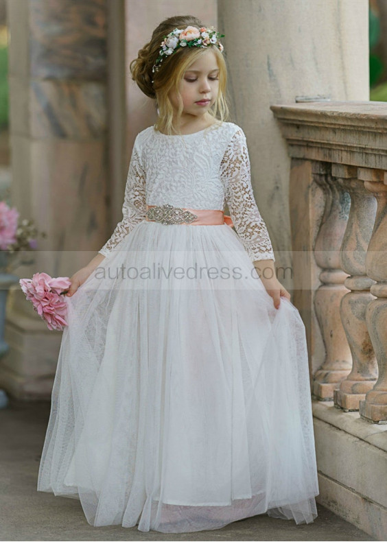 Long Sleeve Ivory Lace Tulle V Back Flower Girl Dress